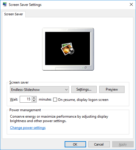 Windows 10 Screen Saver Settings window